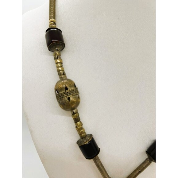 Ethnic Tribal Necklace with Bloodstone Jasper Pendant Brass Setting and Beads - Picture 5 of 15